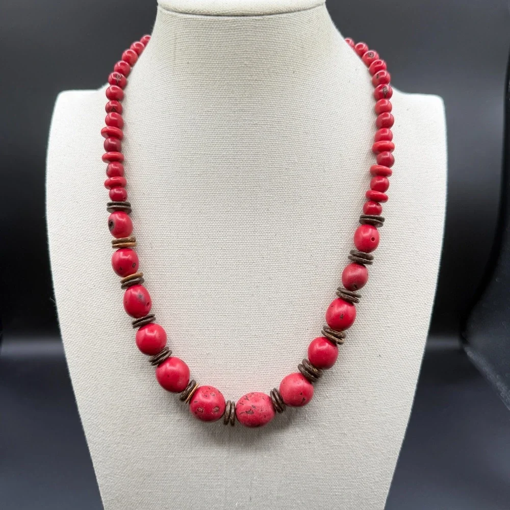 Red Graduated Bead Necklace Coconut Shell Spacers Boho Tribal Statement Jewelry